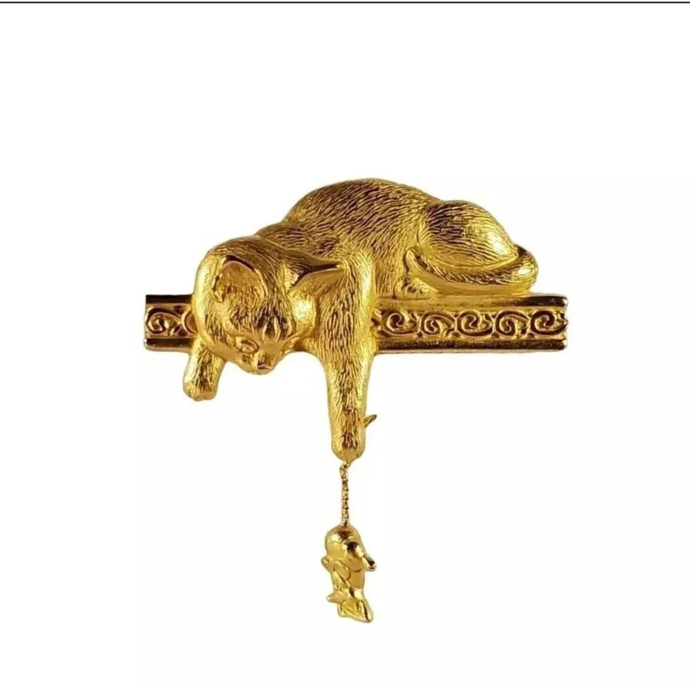 Vtg Jj Kitty Cat Mouse Brooch Signed Pin Dangle Gold Tone Costume Jewelry 10$